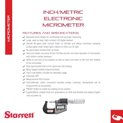 Starrett Electronic Micrometer, 0-1" Range, .00005" Resolution
