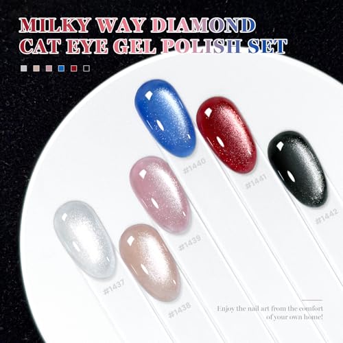 RARJSM Diamond Glitter Cat Eye Gel Polish Set 6 Pcs Sparkle Black Silver Red Blue Brown Nude Color Velvet Ice Jelly Glass Milky Way Cateye Gelpolish with Magnet Stick Curing Requires Home Manicure - color: Milkyway Diamond Cat Eye Set