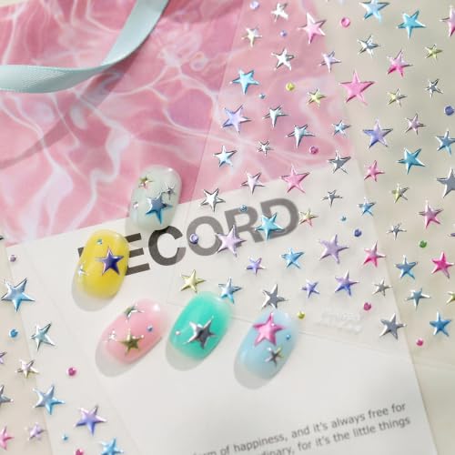 1 Sheet 5D Embossed Holographic Nail Stickers Metallic Shiny Star Nail Decals Self-Adhesive Nail Art Stickers Cute Y2K Stars Nail Stickers for Nail Art Stars Nail Supplies for Women DIY Manicure - color: Colorful Stars