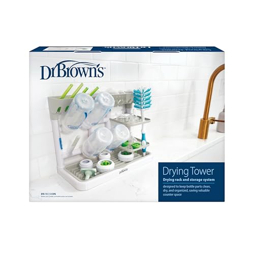 Dr. Brown's Drying Tower, Stand-Up Drying Rack, Countertop Baby Bottle Drying with Organized Storage for Baby Essentials, Space Saving Vertical Rack, Gray/White - size: Countertop, style: Gray/White Stand-Up Drying Rack