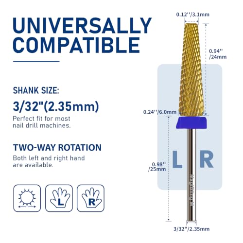 Medium 24mm Super Long 5-in-1 Nail Drill Bit, 3/32”, Two-Way Rotation - color: Gold-24mm Long, size: Medium