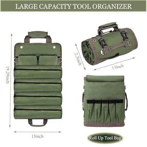 Roll Up Tool Bag, Portable Folding Tool Roll with Detachable Pouch - color: Black