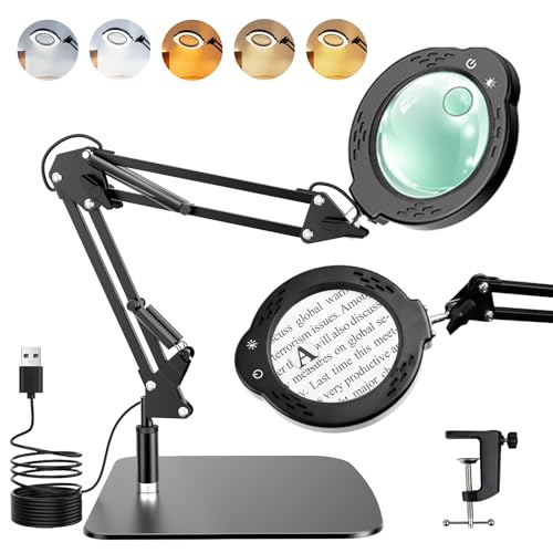 30X 10X Magnifying Glass with Light and Stand, Real Glass Lens Magnifying Lamp, Hands-Free LED Desk Magnifier with 5 Color Modes, 3 Brightness Levels for Crafts, Reading, Sewing, Electronics & Jewelry - color: Base & Clamp
