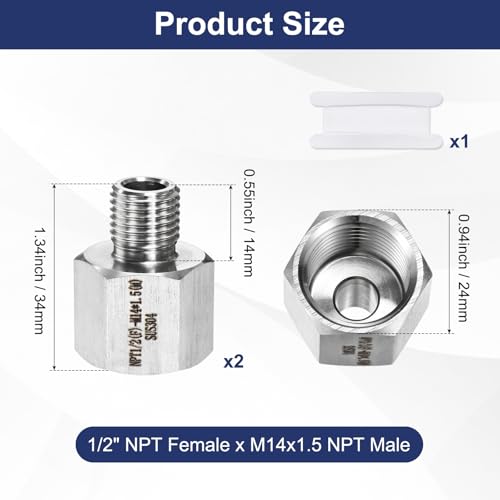 M METERXITY 2-Pack Garden Hose Adapter, Stainless Steel 1/2" NPT Female x M14x1.5 NPT Male Threaded Connector with Sealing Tape Garden Hose Convert Fitting for Pipe Fitting/Shower - size: 1/2" NPT Female x M14x1.5 NPT Male