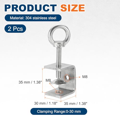 HARFINGTON 2Pcs 304 Stainless Steel C Clamps 35mm w Eye Hook Screw Silver - size: 35mm