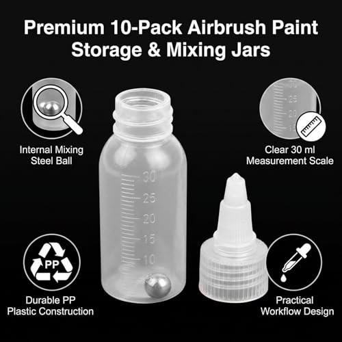 10Pcs 1oz/30ml Paint Bottles, Airbrush Paint Bottle Jars Clear Empty Plastic Mixing Squeeze Bottles with Ball Jar Resealable Scale Mixer