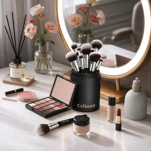 Makeup Brush Set with Case, Synthetic Bristles, Wood Handle, 12 Pcs - color: Black