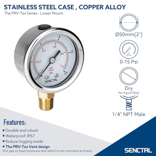 SENCTRL 0-15 Psi Low Pressure Gauge, 1/4 NPT Lower Mount - size: 0-15 Psi, style: Lower Mount