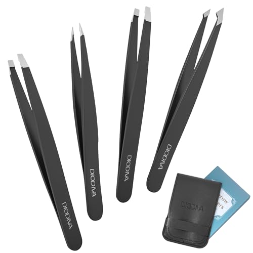 Diodiva 4-Pack Tweezers with Case for Eyebrows Facial Ingrown Hair Removal - style: 4-Pack Black