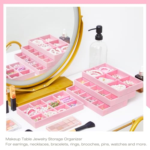 Junkin 12 Pcs Velvet Jewelry Organizer Tray, Stackable Storage - color: Pink