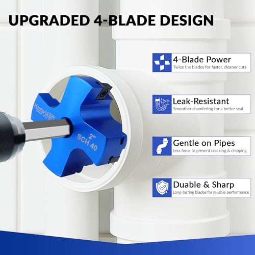4 Blade 2-Inch PVC Fitting Saver, PVC Pipe Reamer Socket Saver with 3/8 Inch Hex Shaft, Plastic Pipe Fitting Reamer Plumbing Tool for SCH40 CPVC Pipe ABS Socket Hub, Fit Standard 1/2" Drills - size: 2 Inch