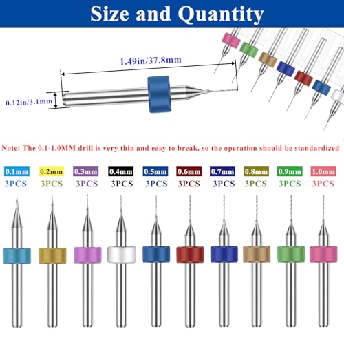 30pcs Micro Drill Bits Set for Most Rotary Tools,Spiral Flute 0.1mm-1mm Tungsten Steel Carbide mini PCB Drill Bits for Print Circuit Board,Stone Grinding,CNC Engraving,Jewelry Making etc - size: 0.1-1mm