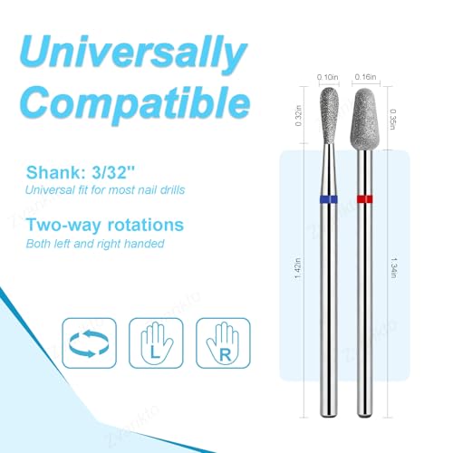 Diamond Nail Drill Bits Set, 2PCS Inverted Pear Bit & Peanut Bit, 3/32'' Professional Cuticle Cleaner for Dead Skin Removal, Cuticle Prep & Nail Art Tools