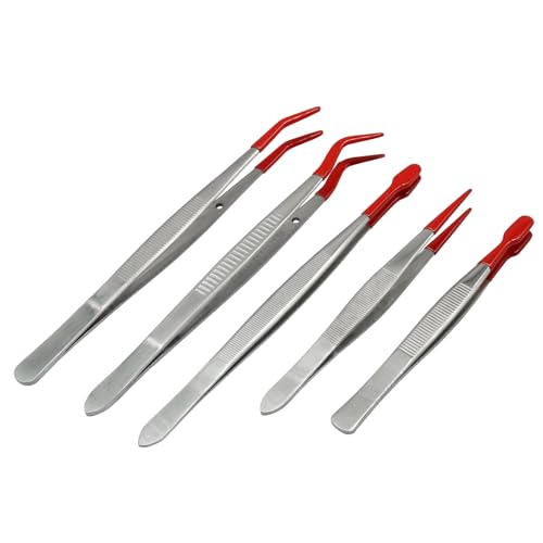 5Pcs Tweezers Set, Non-Scratch Rubber Tip, Red - color: Red