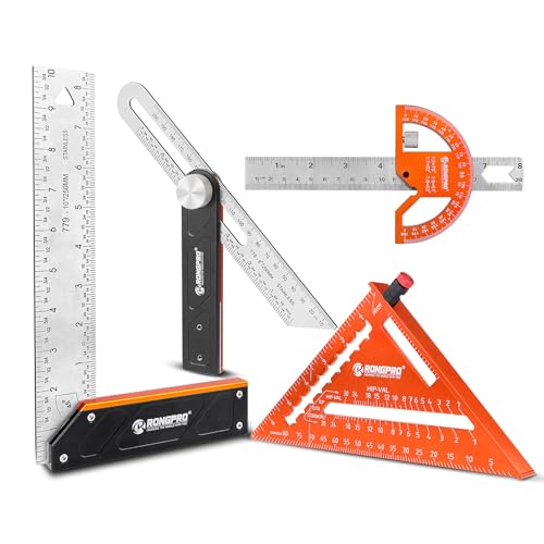 4Pcs Woodworking Tools -7''Aluminum Rafter Square,12''Adjustable Protractor Angle Finder,10'Woodworking Square Ruler and T-Bevel Gauge-1/16 Precision… - style: 4PCS