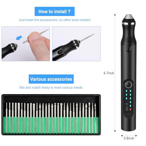 Portable Electric Engraver Tool with 30 Bits,Rechargeable Engraving Pen - color: Black