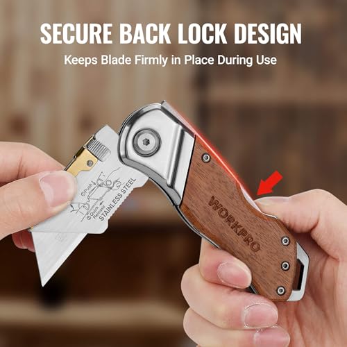 WORKPRO Folding Utility Knife with Belt Clip and Extra 10-piece Blades, Wood Handle Heavy Duty Cutter, Quick-change & Back Lock (Pack of 2) - size: Rosewood Handle (Pack of 2)