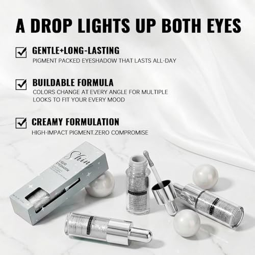 Silver White Pink Shimmer Liquid Metallic Eyeshadow, Everyday Cool Toned Eye Shadow Makeup for Older Women, Multi-Dimensional Finish For Brown Hazel Eyes, Mini Travel Size, Vegan & Cruelty-Free 01# - color: J-#01