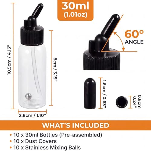 10 Pack 30ml Airbrush Bottles, Siphon Feed Plastic Jars with Lids