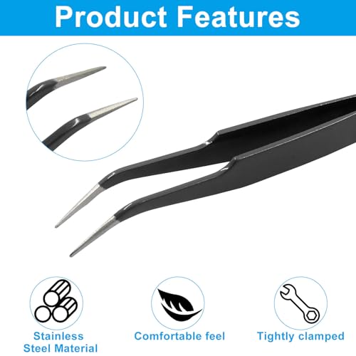 Murtenze 9 Pack Precision Tweezers, Stainless Steel Craft Curved Pointed Long Tweezer with Protective Cover for Eyelash Extensions, Jewelry Making, Rhinestones, Nail Art (Black) - color: Black