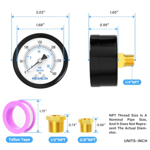 MEANLIN MEASURE 0~300Psi Well Pump Pressure Gauge, Center Back Mount - color: 1/4"NPT Back Mount, size: 0-300Psi