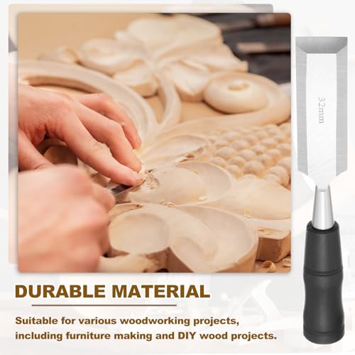 PATIKIL Wood Carving Chisel, 32 mm Professional Woodworking Hand Carving Tool with Steel End for Whittling, Detail Carving, DIY Crafts, Black/Silver - size: 32 mm