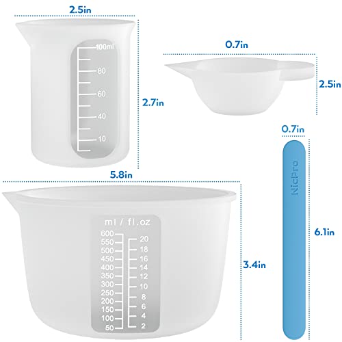 Large Silicone Resin Measuring Cups Tool Kit - Nicpro Reusable 600ml & 100ml Measure Cup, Silicone Stir Sticks Pipettes Finger Cots for Epoxy Resin Mixing, Molds, Jewelry Making, Waxing, Easy Clean - color: white 2, size: 600ml+100ml