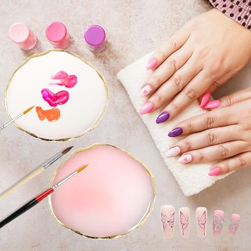 2 Pack Resin Nail Art Palette, Gold Edge Nail Polish Palette, Pink & White