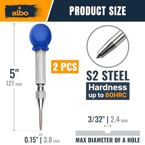 ALBO Automatic Center Punch, 5", Silver, Comfort Cap, 2 Pcs - style: 5'' with cap pack of 2