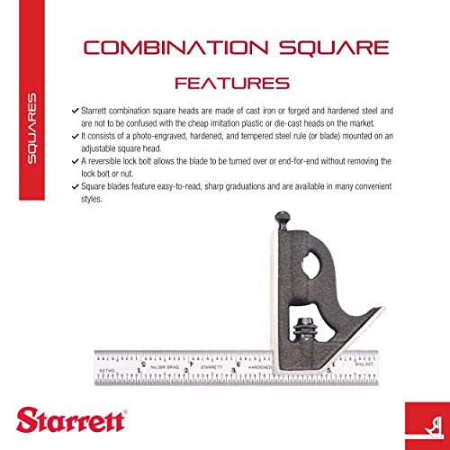 Starrett Steel Combination Square with Square Head, 6" Blade Length