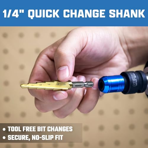 NEIKO 10604A Step Drill Bit, 6 Steps 3/16" to 1/2" Straight High Speed Steel, Titanium Nitride Coated, 1/4" Quick Change Step Bits for Steel, Metal, Wood, Plastic, Unibit Cone Drill Bits, Two Flute - size: #2 (3/16 - 1/2", 6S), style: Straight