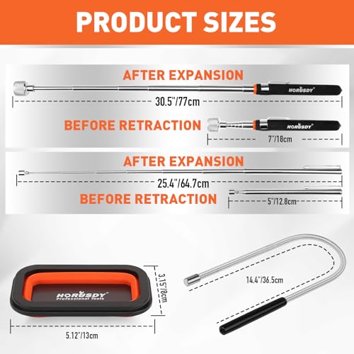 HORUSDY 4 - PIECE Magnetic Pickup Tools Kit | Extendable Telescoping Magnet Pick Up Tool Set 7-30.5” & 5-25” | Bend-It Flexible Magnetic Sweeper | Collapsible Parts Tray for Garage Workshop Yard - color: 4-Piece Magnetic Tray & Stick - Collapsible