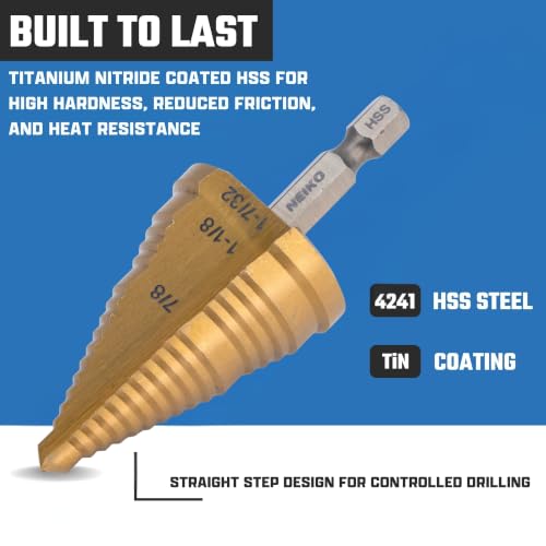 NEIKO 10636A Step Drill Bit, 3 Steps 7/8" to 1-7/32" Straight High Speed Steel, Titanium Nitride Coated, 1/4” Quick Change Step Bits for Steel, Metal, Wood, Plastic, Unibit Cone Drill Bits, Two Flute - size: #11 (7/8 - 1-7/32", 3S), style: Straight