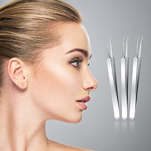 Honoson 3 Pcs Blackhead Tweezers Stainless Steel Tip Tool, Silver - color: Silver
