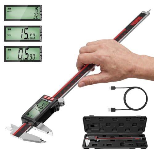 Digital Caliper 12 Inch, Rechargeable Calipers with LCD Screen, Inch/MM/Fraction, Stainless Steel Vernier Caliper Measuring Tool for DIY, Household, Jewelers Tools, 3D Printer - size: 12 Inch