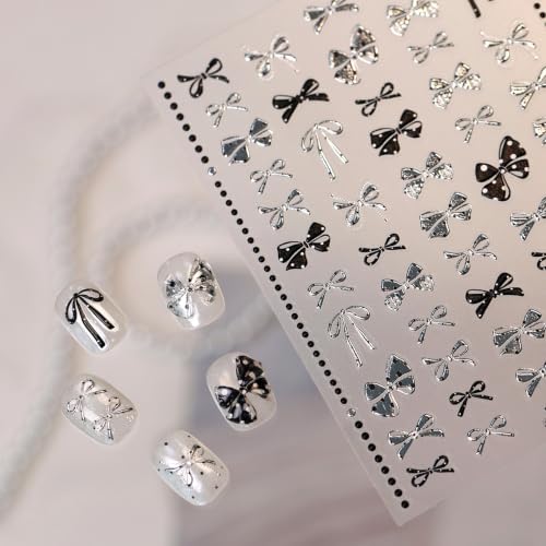 1 Sheet Polka Dots Silver Bow Nail Art Stickers 5D Embossed Bow Nail Stickers Y2K Black Silver Kawaii Bow Knot Nail Decoration with Metal Design Ribbon Bow Tie Nails Supplies for Women DIY Manicure - color: Silver Bow