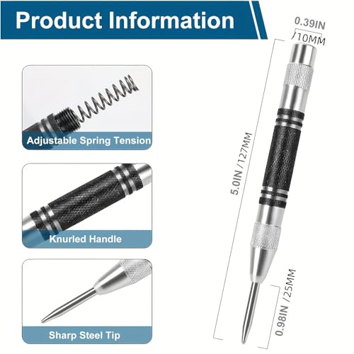 2-Pack Heavy-Duty Automatic Center Punches, 12.7cm Stainless Steel Chrome-Plated, Adjustable Spring-Loaded Hole Marker Scriber for Metal, Plastic, Wood - Durable Precision Drilling Tool