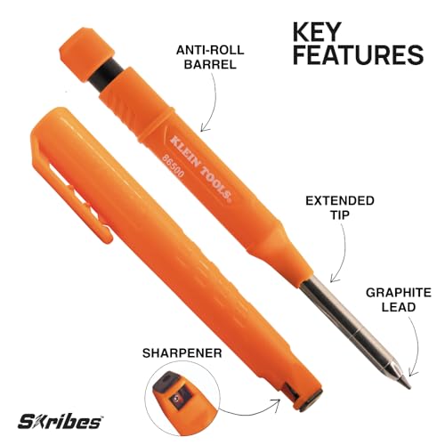 KLEIN TOOLS 80189 Skribes 2.8 mm Mechanical Carpenter Pencil with Built-In Sharpener and 10-Pack Assorted Color Leads, for Deep Hole Marking for Woodworking and Construction - style: Pencil w/ Multi-Color Refills