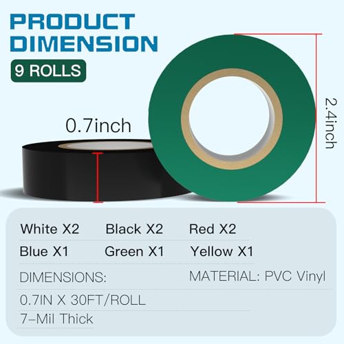 9 Rolls Colored Electrical Tape (0.7 Inch by 30 Feet)