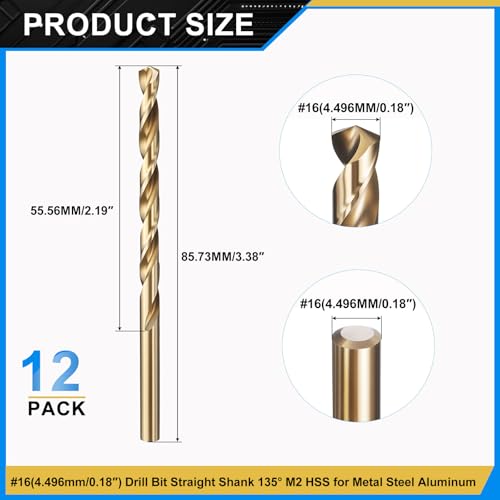 PATIKIL #16 Drill Bit Micro M2 High-Speed Steel 135° Gold Finish 12Pcs - size: #16