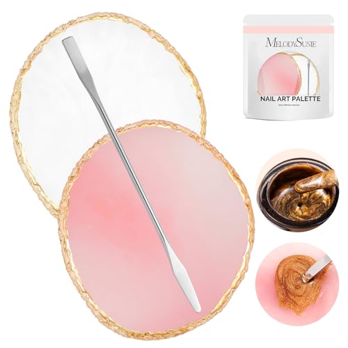 MelodySusie 2Pcs Round Resin Nail Art Palette with Spatula, Pink & White - size: 2PCS Round Shape