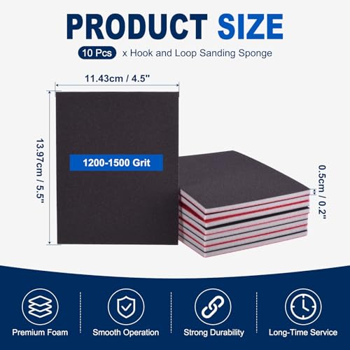 10Pcs 1200-1500Grit Sanding Sponges, 5.5x4.5In Hook & Loop Black - size: 1200-1500 Grit