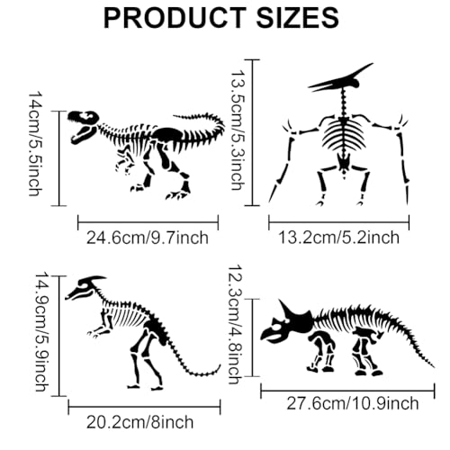 MAYJOYDIY 3pcs Dinosaur Skeleton Stencil Template Stegosaurus Triceratops Tyrannosaurus Rex Stencils 11.8×11.8inch with Paint Brush Dinosaur Footprint Stencils for Painting DIY Craft Window Wood - color: Dinosaur Skeleton