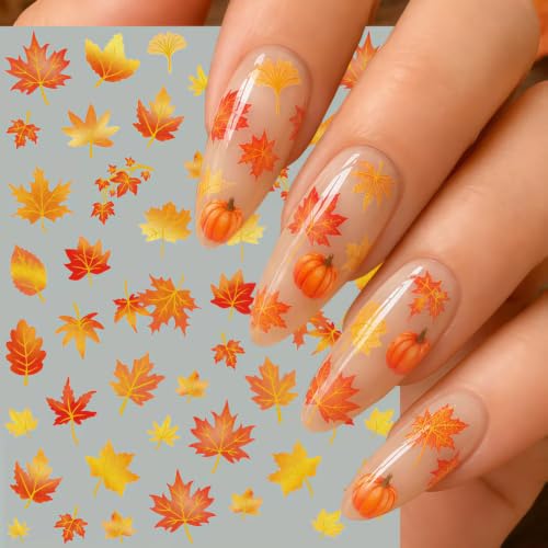 Fall Nail Art Stickers 2 Sheets 5D Embossed Autumn Maple Leaf Nail Decals Self Adhesive Thanksgiving Day Nail Design Decals Fall Maple Leaves Nails Stickers for Women Thanksgiving Day DIY Manicure - color: Orange Fall