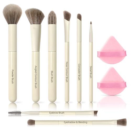 8 Pcs Makeup Brush Set, Premium Synthetic Makeup Brushes with 2 Puffs - color: White