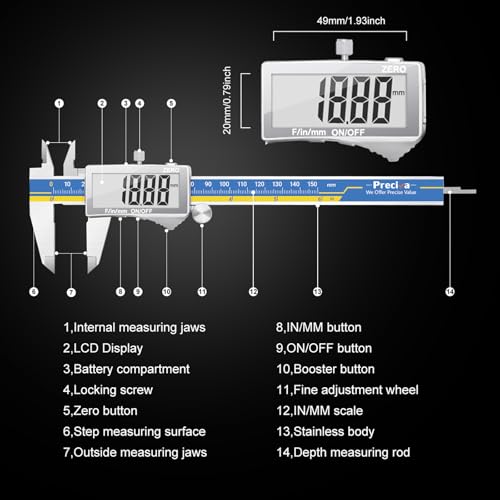 Preciva Digital Caliper, Stainless Steel Vernier Caliper Digital, Micrometer Calipers with Large LCD Screen, Auto-Off Feature, Inch Millimet Conversion, 6 Inch Caliper Tools for DIY/Household(Blue) - color: Blue