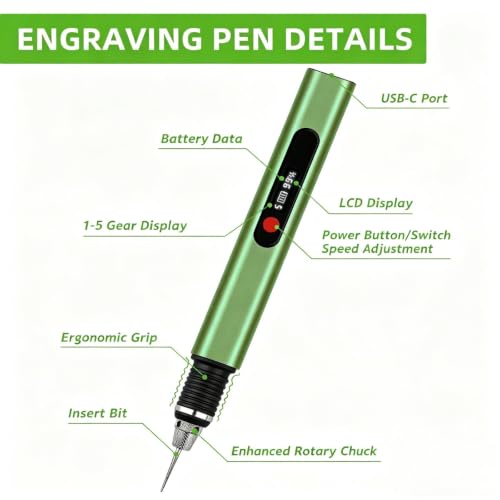 vueowcue 5-Speed Electric Engraving Pen kit for All Materials, Green - color: Green
