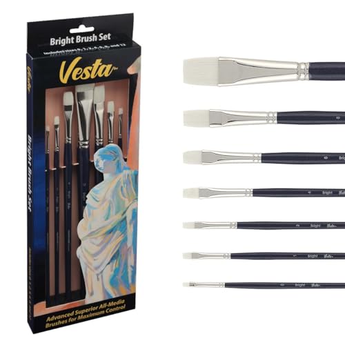 Creative Mark Vesta Synthetic Bristle Artist Paint Brushes for Acrylic Painting - Long Handle Acrylic Paint Brush Set of 7 Mimics Chungking Bristles for Oils and Alkyds - Bright Sizes 0,1,2,4,6,8,12 - size: Bright Set of 7