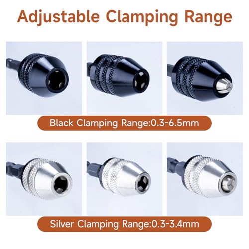 2 Pack Keyless Drill Chuck Adapter 1/4 Hex Shank for Impact Driver, Dremel, Hand Drill - Universal Drill Chuck with Magnetic & Hammer Drill Features, Black Sizes 0.3-6.5mm & Silver Sizes 0.3-3.4mm