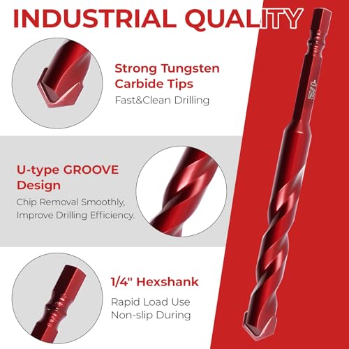10-Pack 1/4" Hex Shank Carbide Masonry Drill Bit Set with Case - size: 1/4" (10-Pack, Flat)